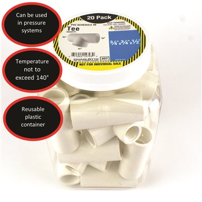 3/4"x3/4"x1/2" PVC TEE 20PK